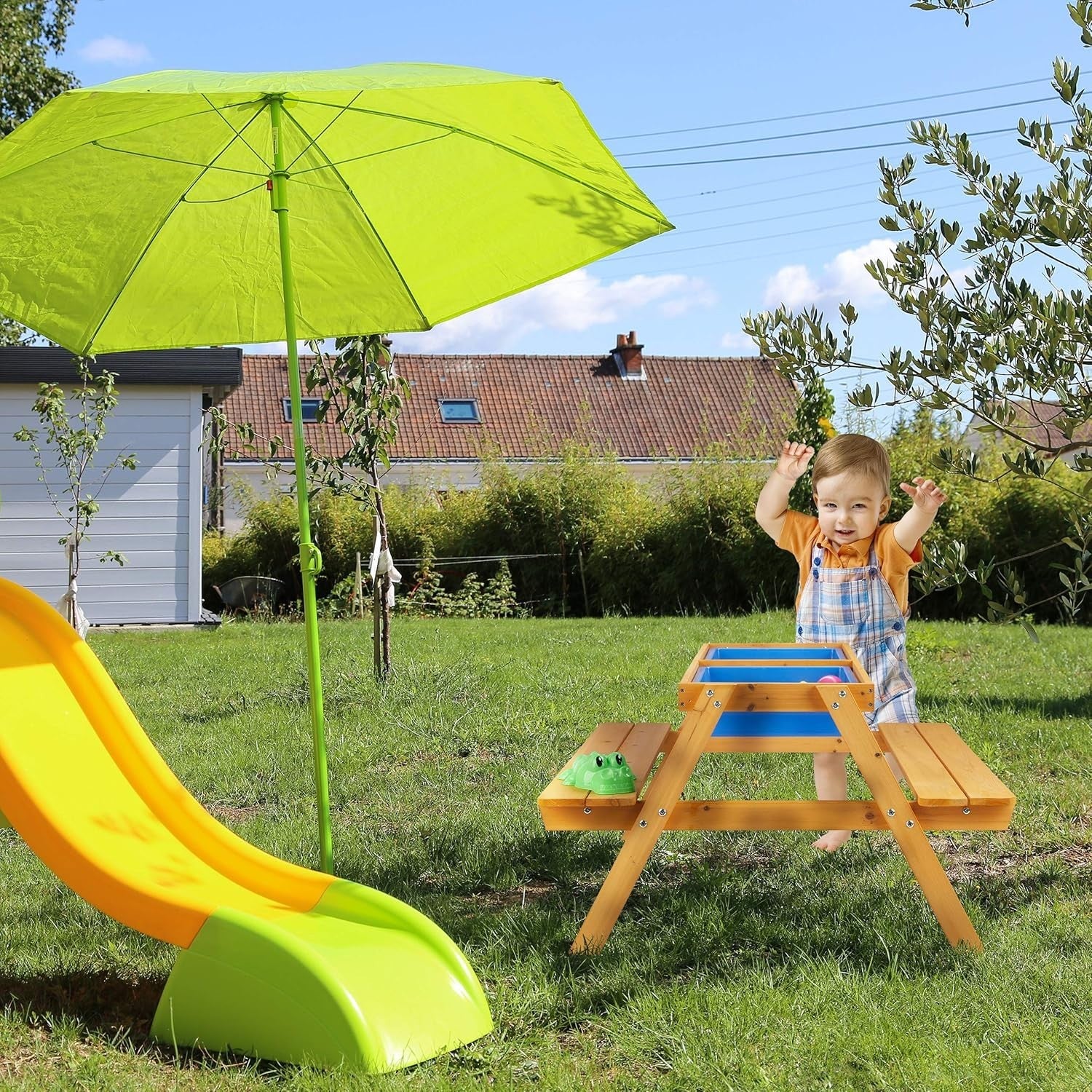 Kids Wooden Picnic Table with Benches & Mud Kitchen Play Tubs 90x85x49cm
