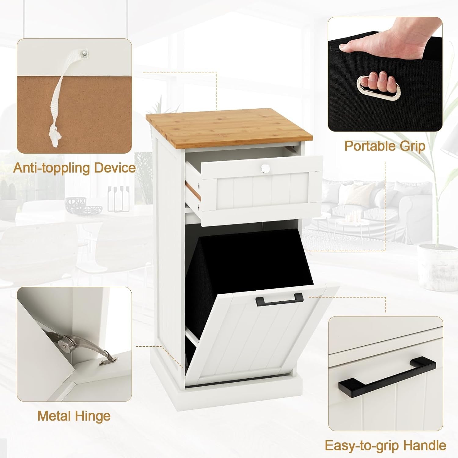 White Tilt-Out Laundry Cabinet with Drawer & Removable Hamper | Freestanding Bat