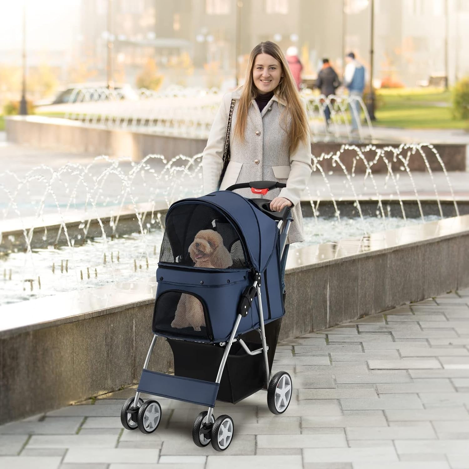 Foldable Pet Stroller 4 Wheel Lockable Travel Pushchair Safety Belt