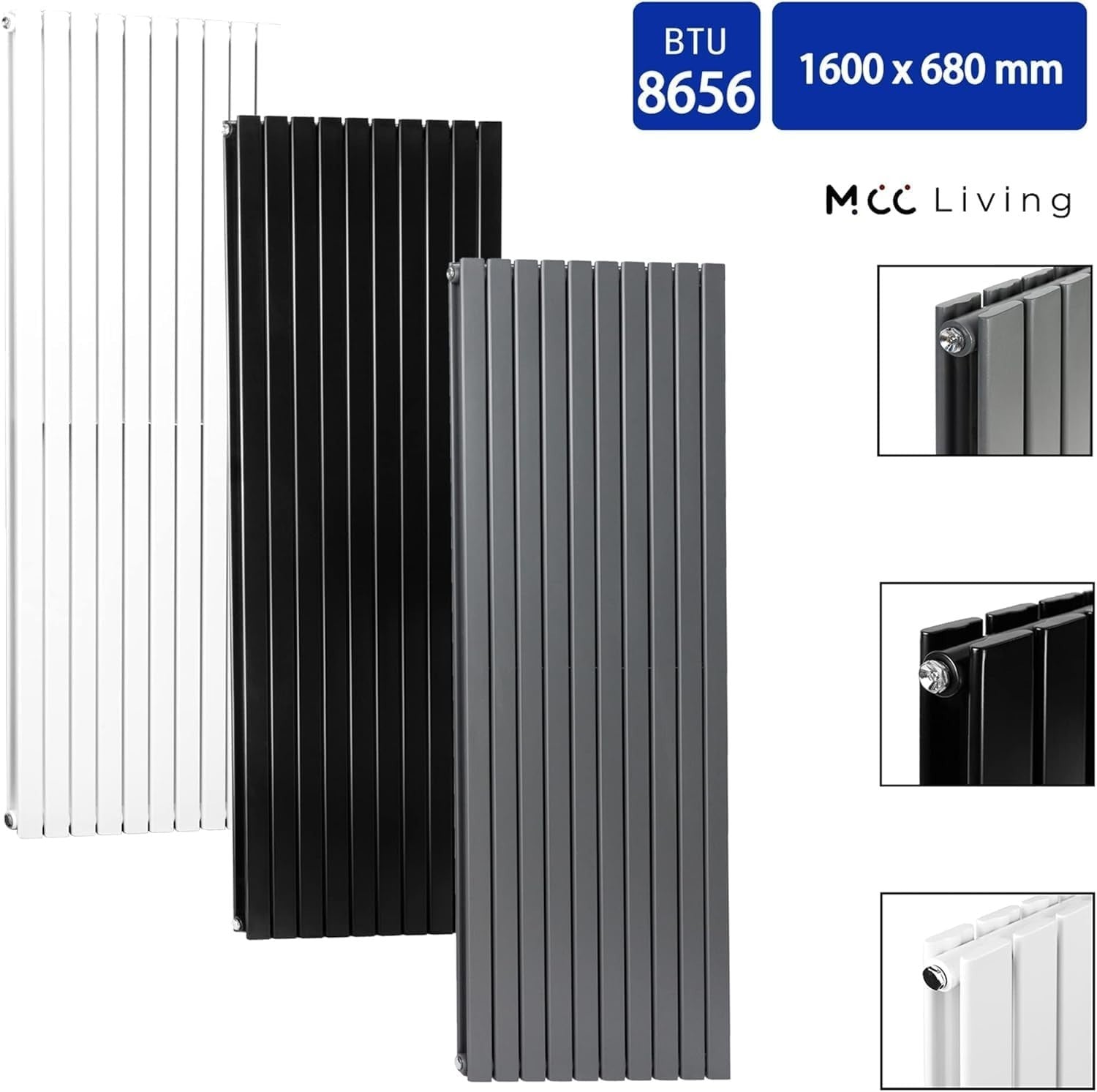 Vertical Designer Double Radiator 1600x680mm White Flat Panel Heating