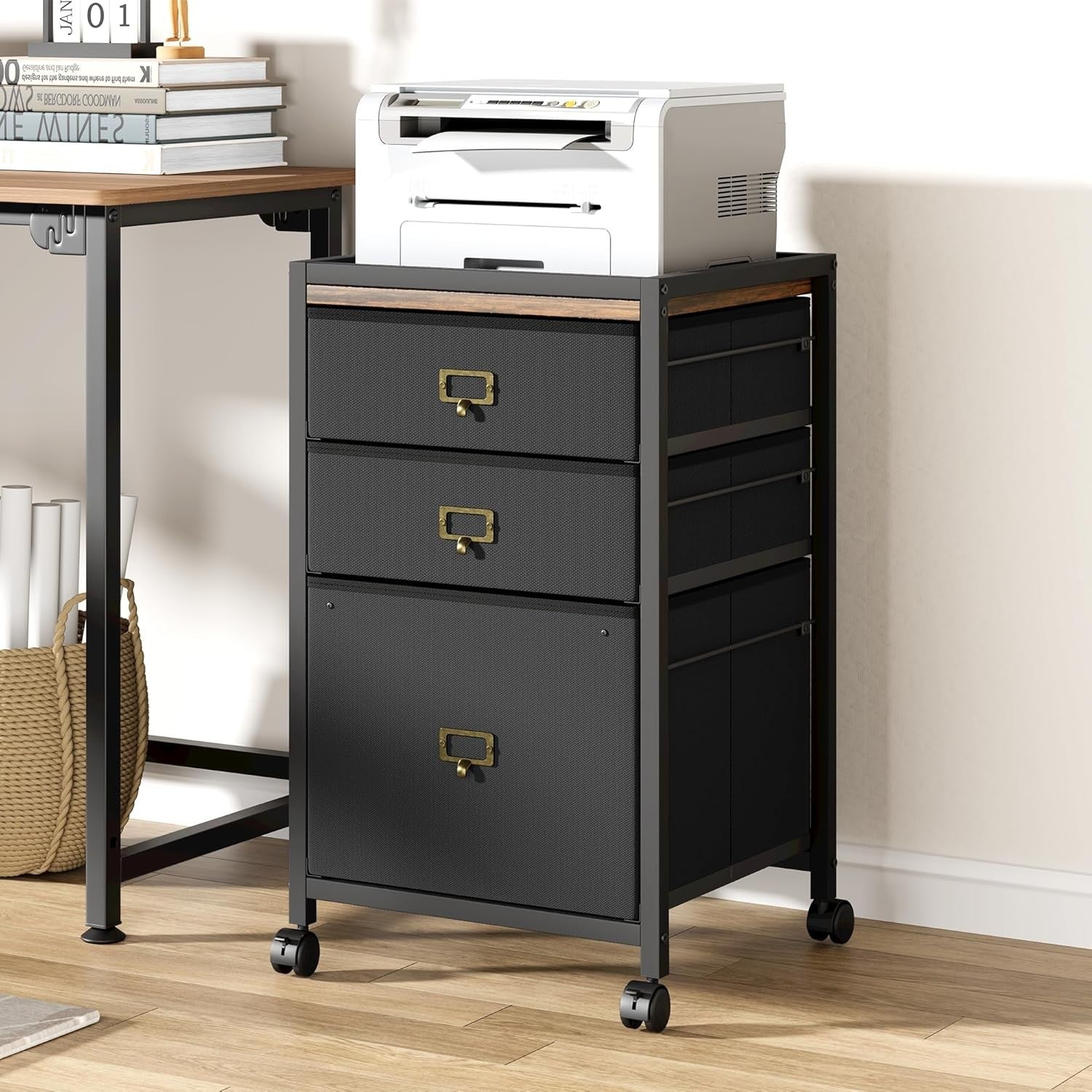 Retro Rolling File Cabinet 3 Drawer Under Desk A4 Letter Storage Black
