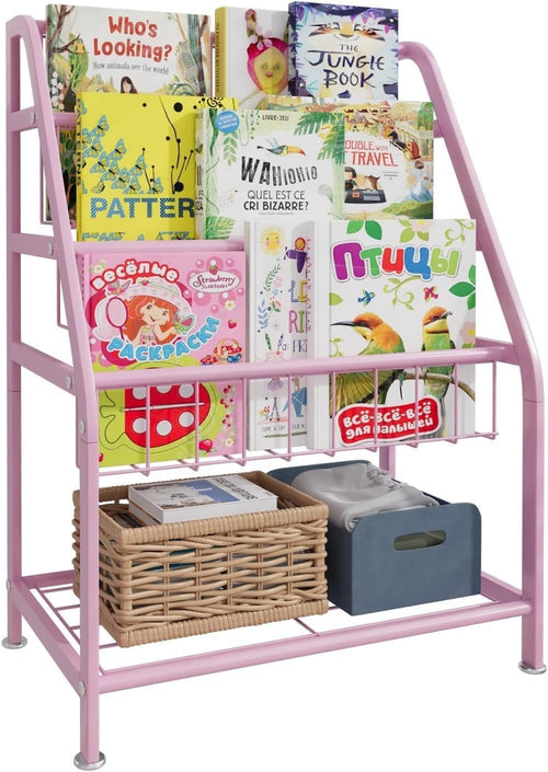 Kids Leaning Bookshelf & Toy Organizer Rack – Durable Metal, Space Saving, Pink