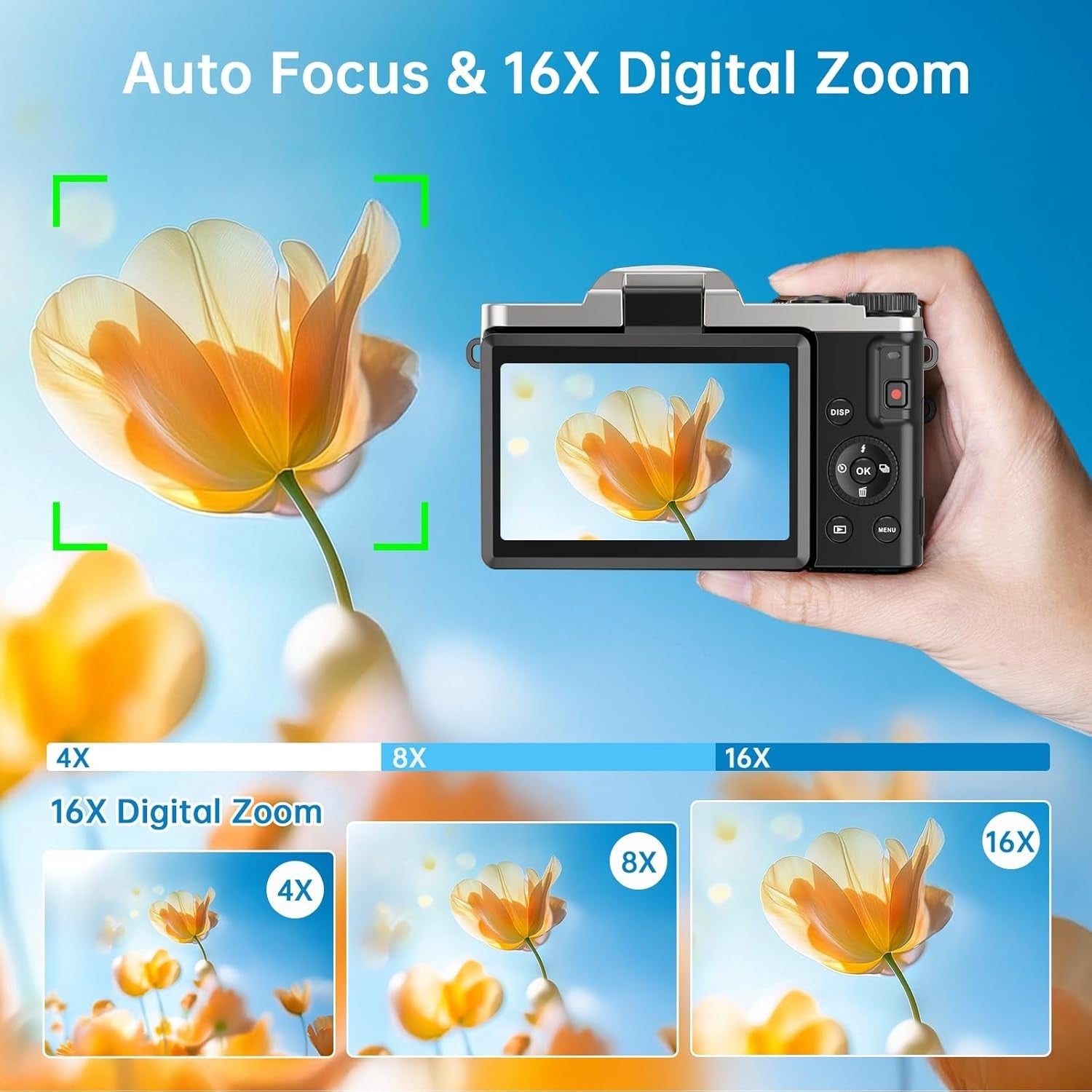 4K 64MP Digital Camera WiFi Vlogging Flip Screen Zoom SD Card 2 Batteries