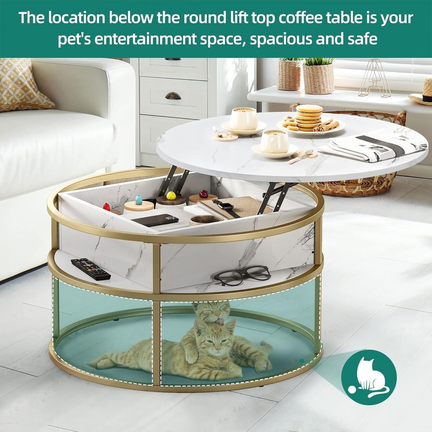 Round Lift Top Coffee Table White Gold 80x80x47cm with Hidden Storage