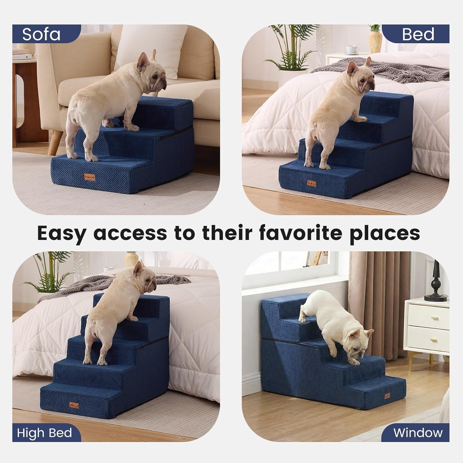 3-Step Extra Wide Dog Stairs for Sofa & Bed Non-Slip Navy 35cm H