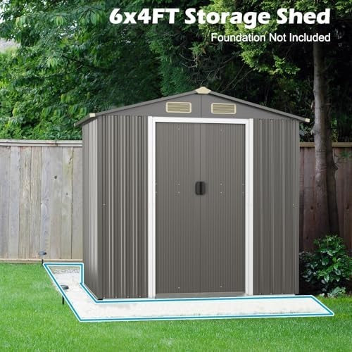 6x4FT Metal Garden Shed Outdoor Storage House Lockable Sliding Doors Grey