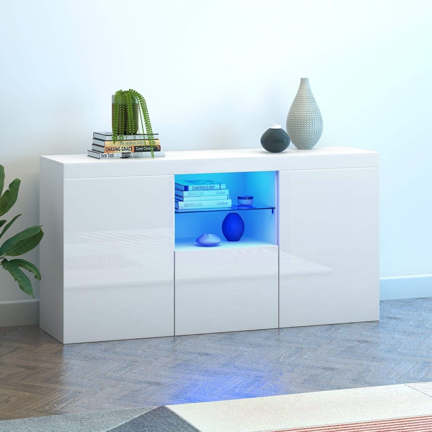 High Gloss White Sideboard Cabinet with LED Lights 3 Doors Storage Unit