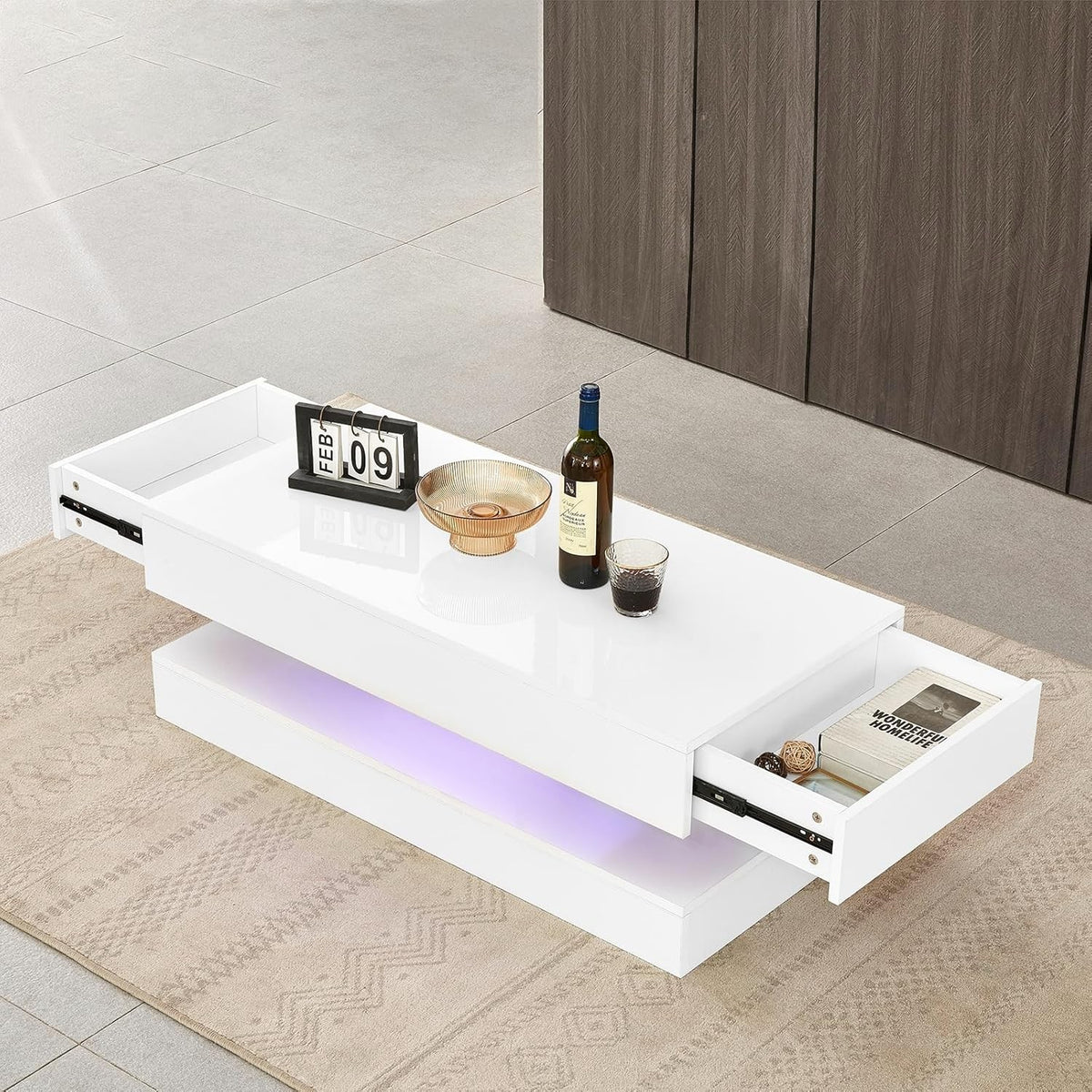Modern White Coffee Table with LED Lights & 2 Drawers – Storage & Style