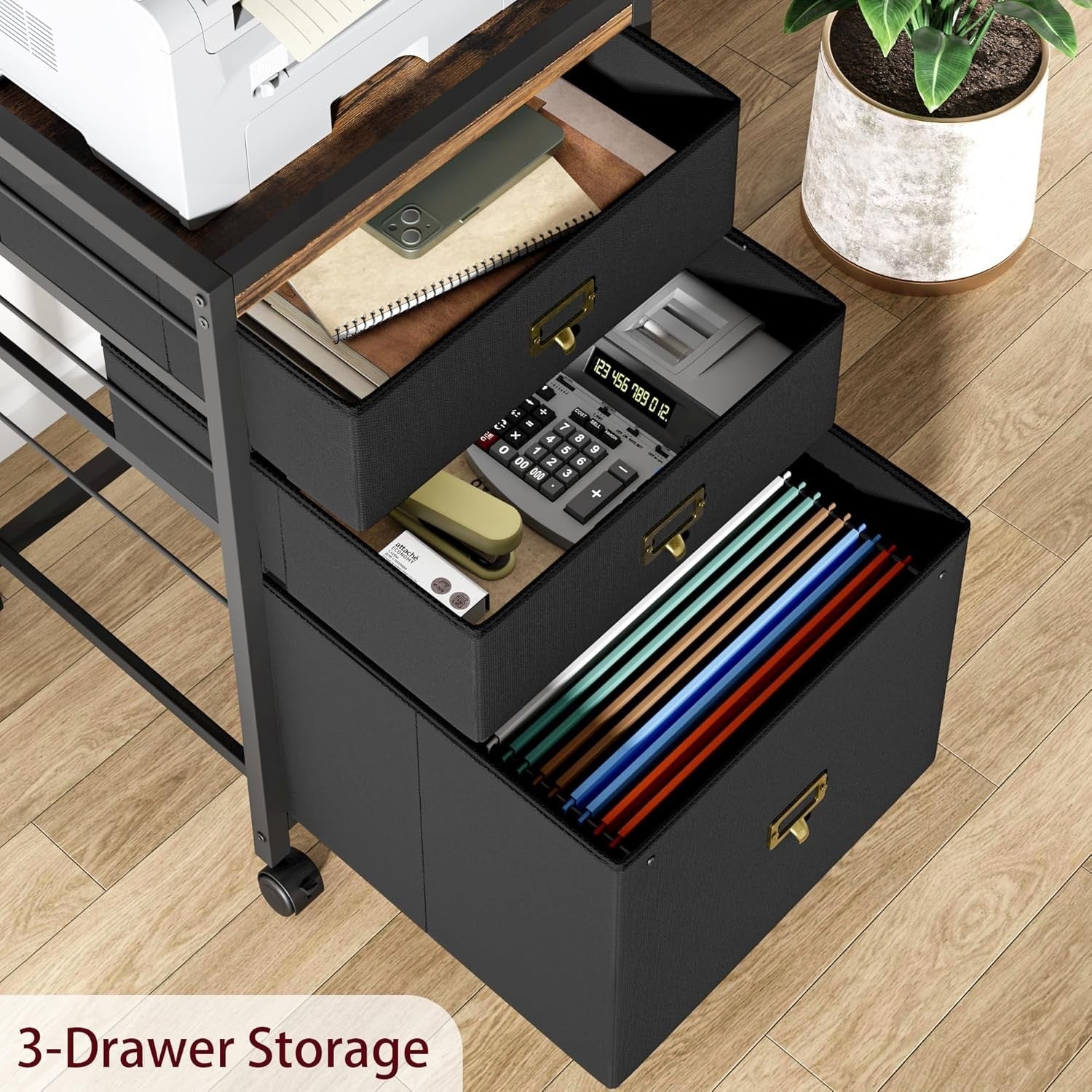 Black Metal Rolling File Cabinet 3 Drawer Under Desk Office Storage