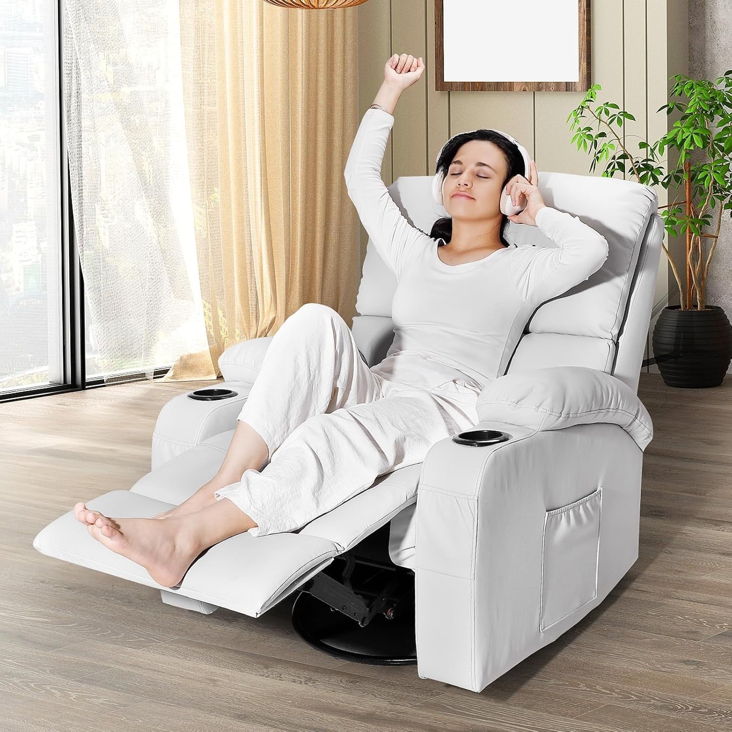 Rocking Recliner Chair Massage Heat 360° Swivel USB Type-C Light Grey