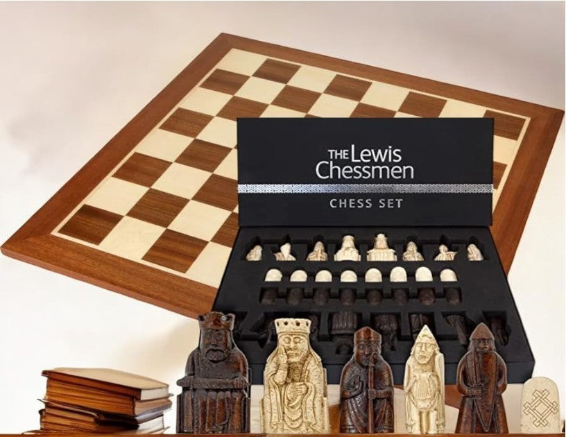 Luxury Isle of Lewis Chess Set 19" Mahogany Board & 8.5cm Stone Resin Pieces