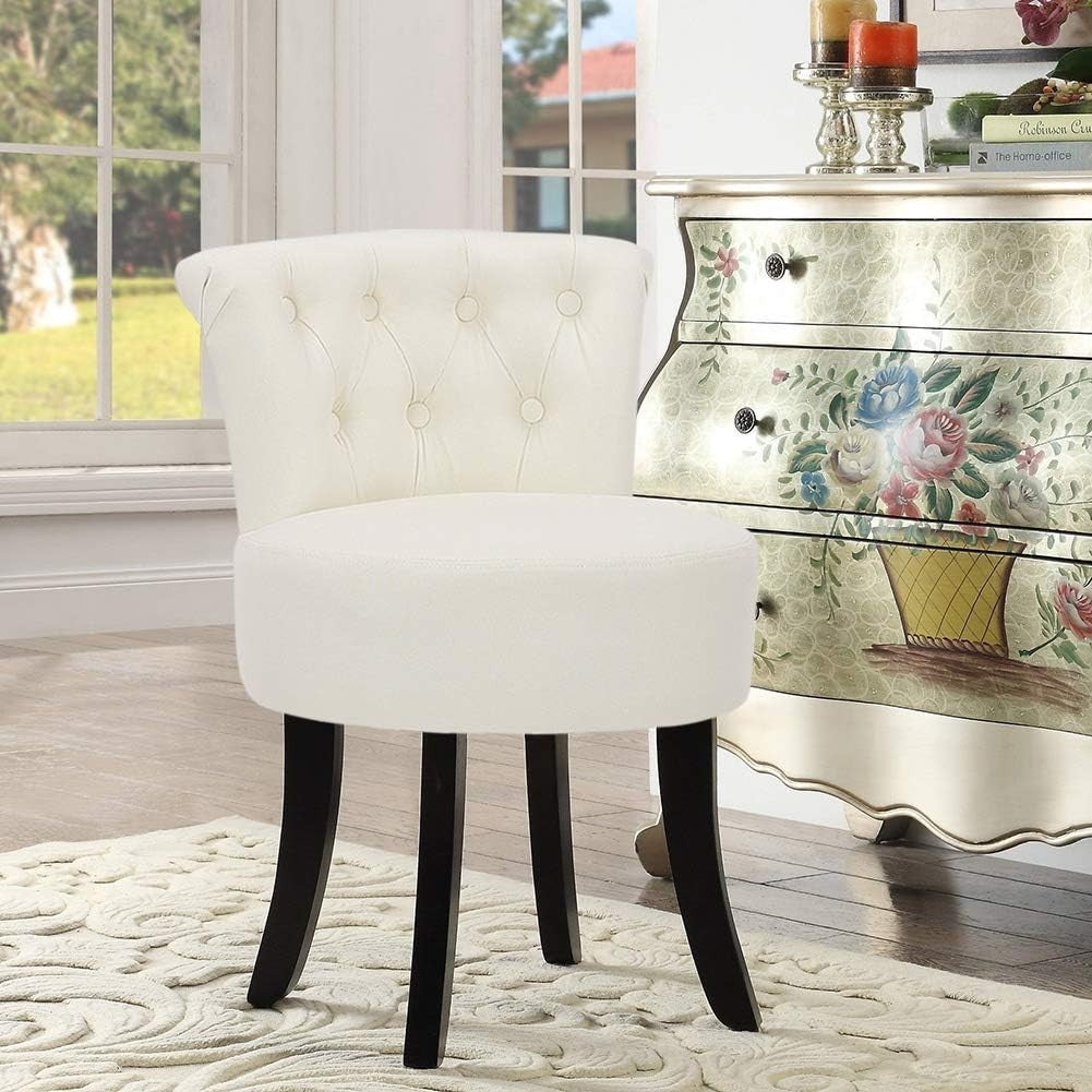 Beige High-Back Vanity Chair – Padded Dressing Table Stool with Wood Legs