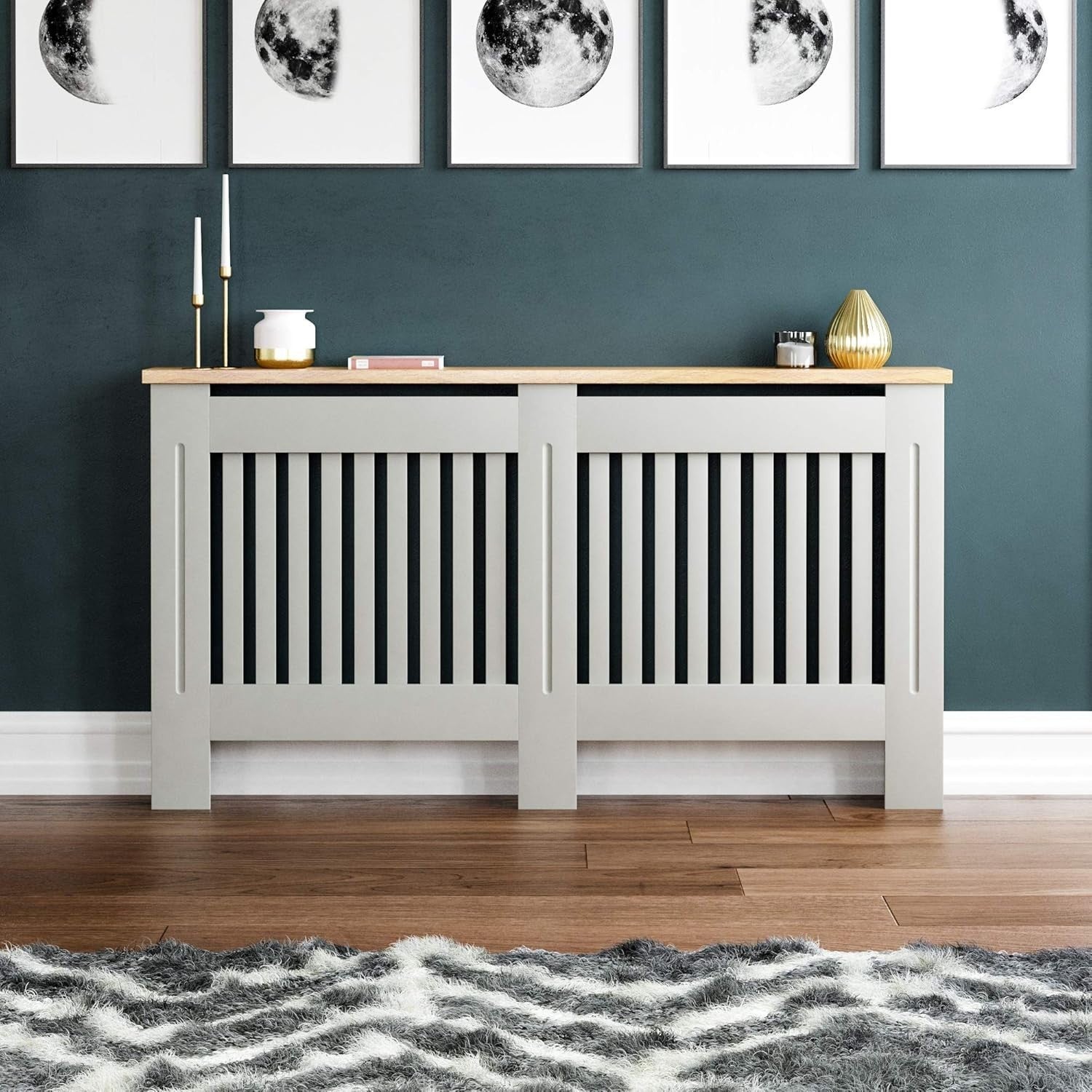 Large Olive Grey Radiator Cover Cabinet MDF Slatted Grill with Wood Top Shelf