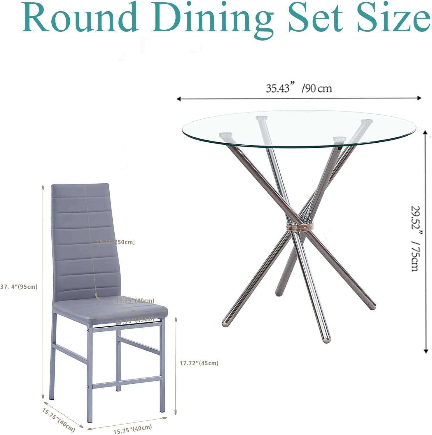 Round Glass Dining Table Set  of 4 Grey Faux Leather Chairs Compact Kitchen