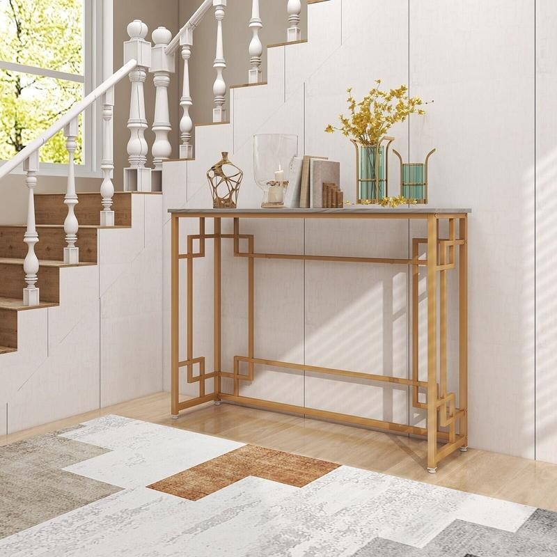 Modern White Faux Marble Console Table with Gold Geometric Frame 110cm