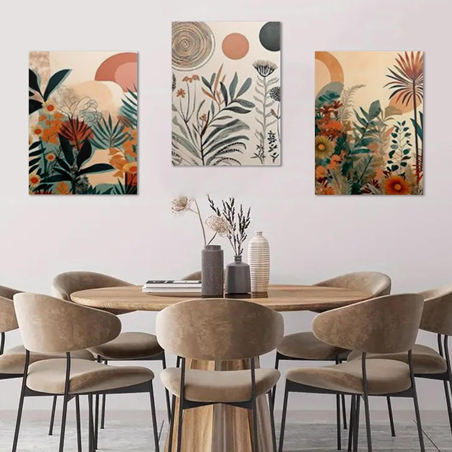 Boho Canvas Wall Art Set of 3 Framed Botanical Prints 40x30cm