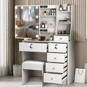White Modern Vanity Table Set LED Mirror 5 Drawers Dressing Desk Wood