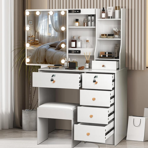 White Modern Vanity Table Set LED Mirror 5 Drawers Dressing Desk Wood