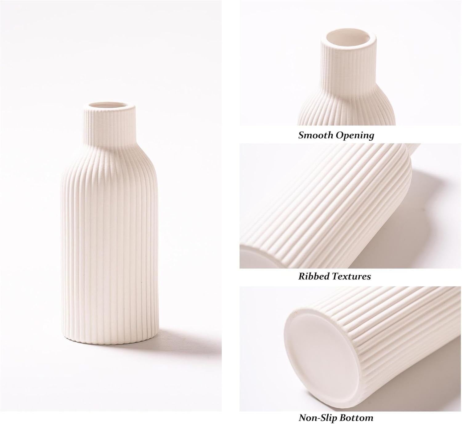 Ceramic Vase Set of 3 White Ribbed Flower Vases Modern Boho Decor