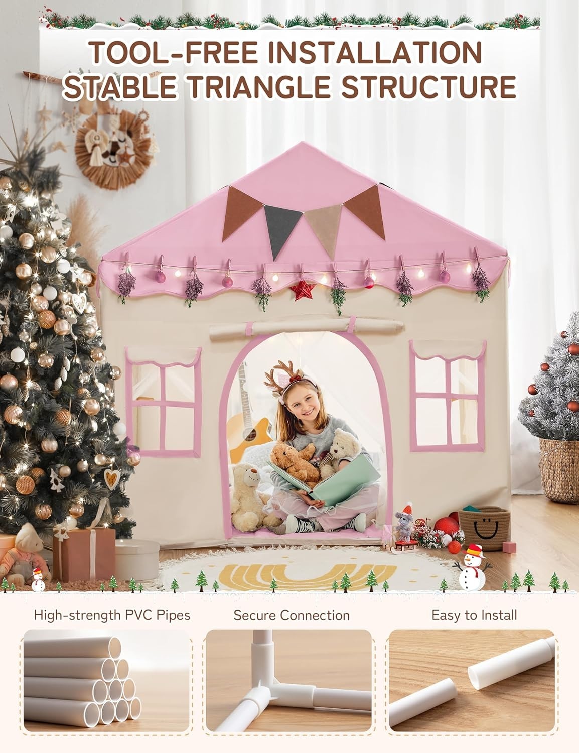 Pink Kids Bed Canopy Play Tent with Lights Padded Indoor Castle