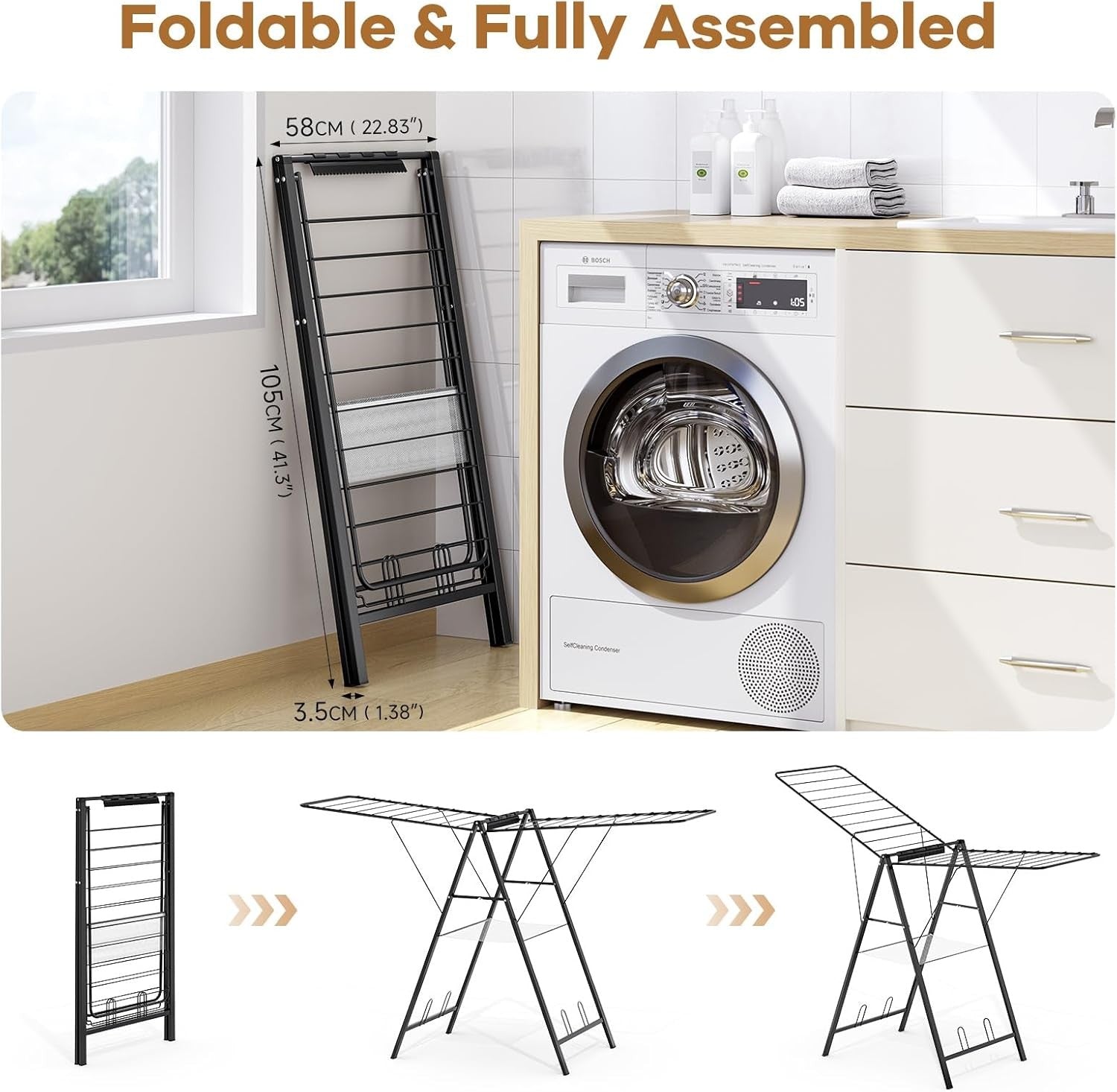 Foldable Clothes Drying Rack Height Adjustable Metal Indoor Outdoor Airer