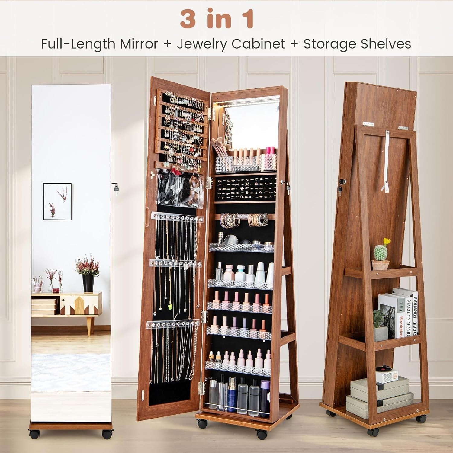 Brown Swivel Jewelry Cabinet LED Mirror Lockable Storage with Wheels