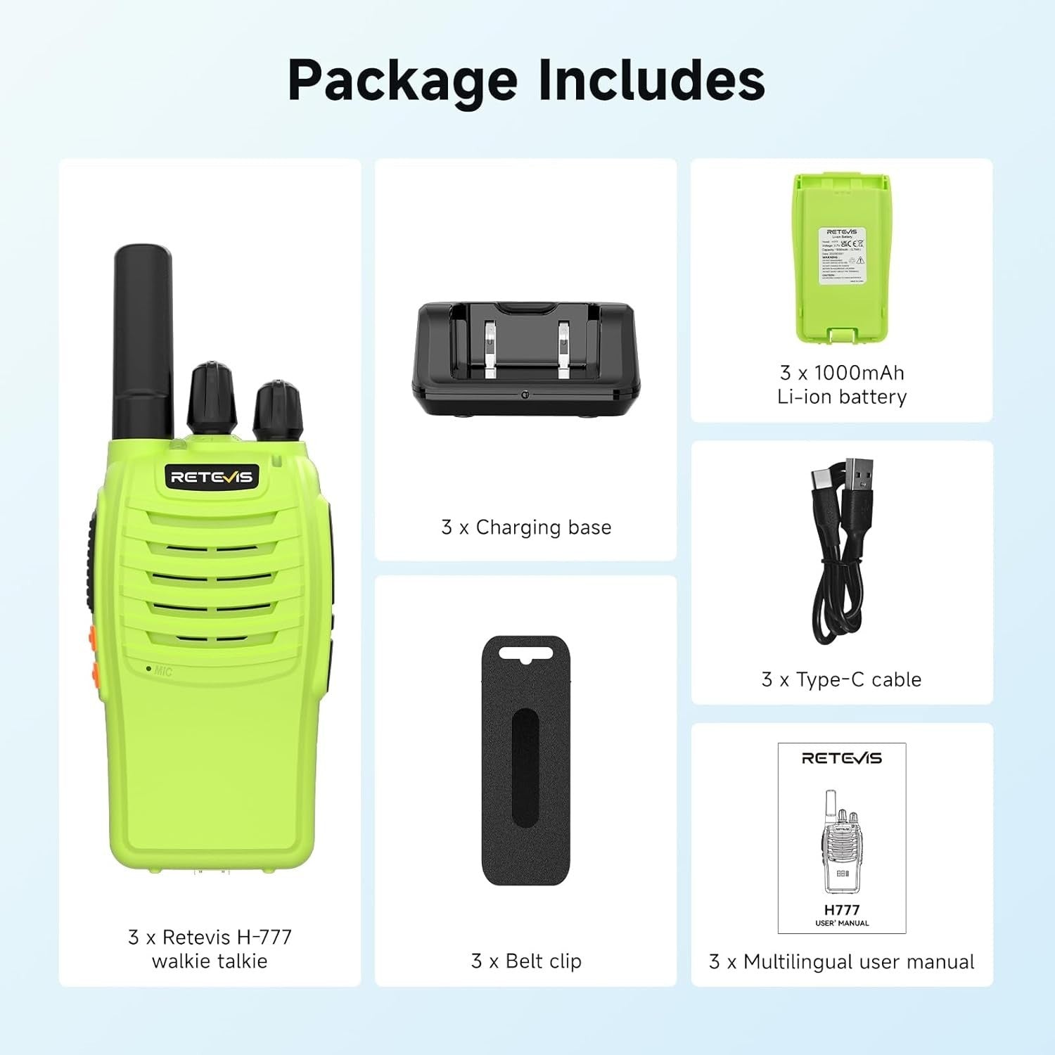 PMR446 Walkie Talkies 3 Pack Rechargeable VOX Type-C LED Alarm