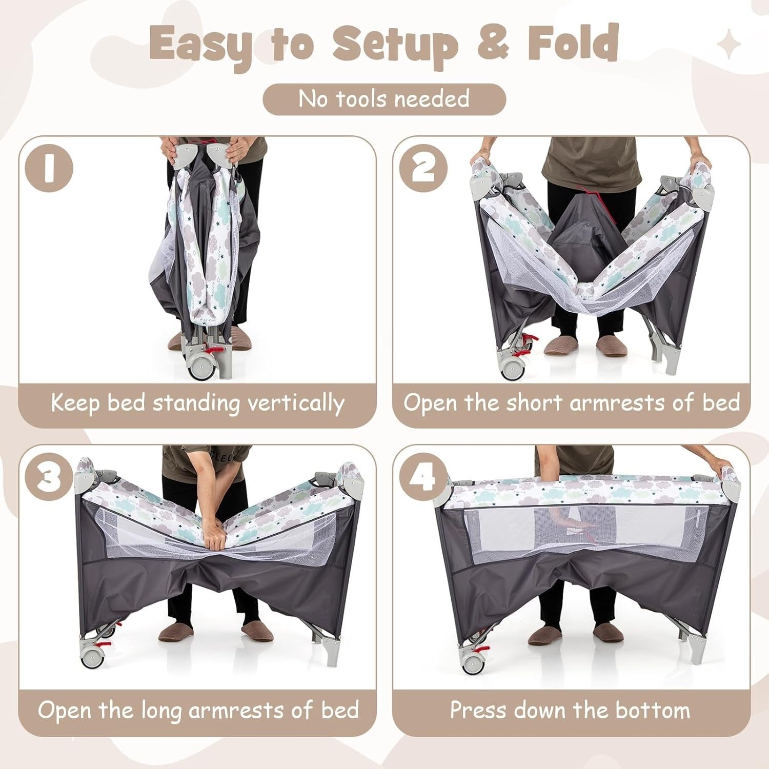 5in1 Baby Travel Cot Bedside Crib Bassinet w/ Mattress Changer Music Toys Grey