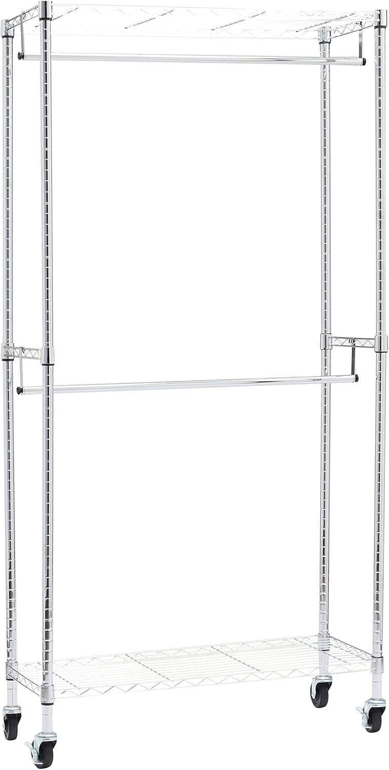 Double Rod Clothes Rail with Shelves – Chrome 183cm
