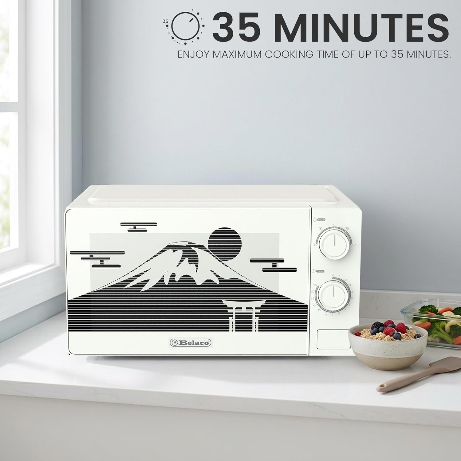 20L Solo Microwave Oven – Retro Mountain Fuji Design, White & Black