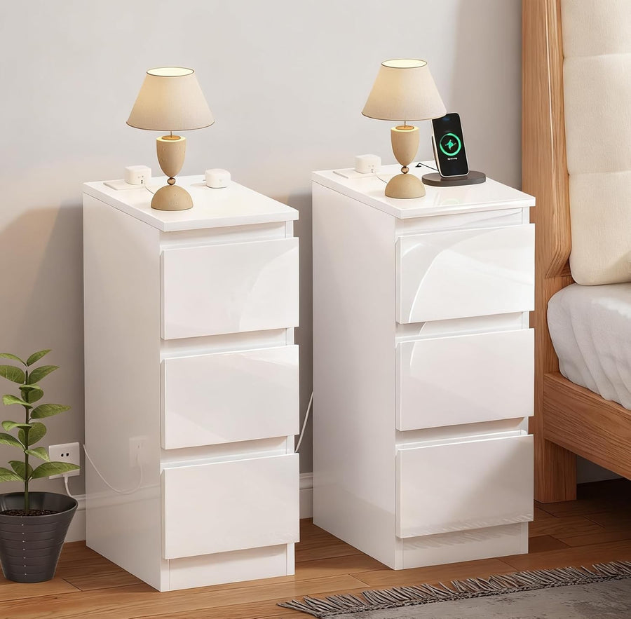 Set of 2 Charging Bedside Tables with USB Ports, Slim 3-Drawer Nightstands