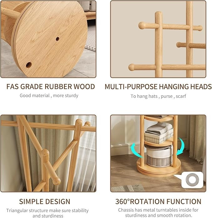 Wooden Coat Rack Stand with 3 Shelves | 360° Rotating 9 Hooks Hall Tree