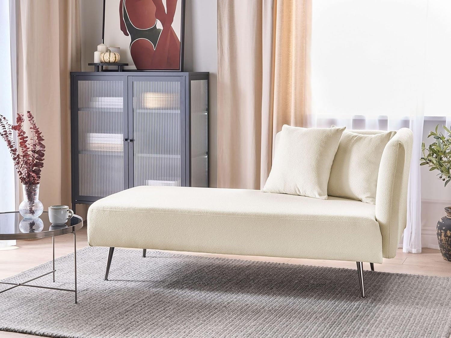 White Boucle Chaise Lounge Sofa | Recliner with Cushions Metal Legs