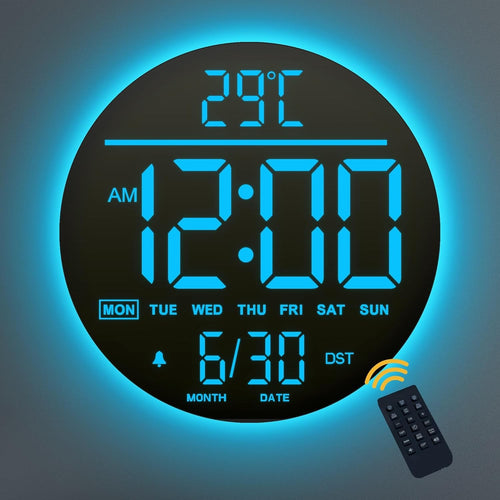 Black LED Digital Wall Clock 10 Inch Remote Control Night Light Display