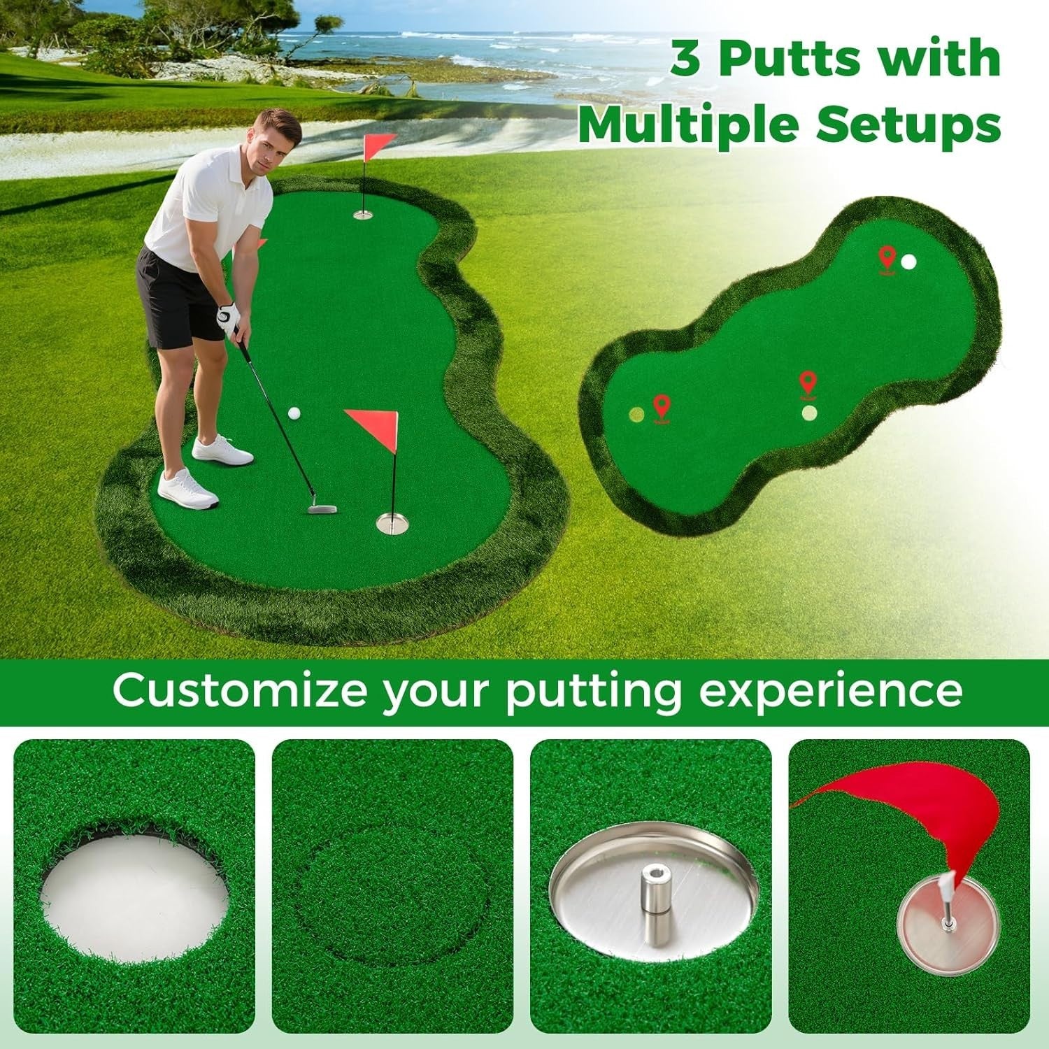 10FT Golf Putting Green Mat Indoor Outdoor Practice w/ 3 Holes & Balls