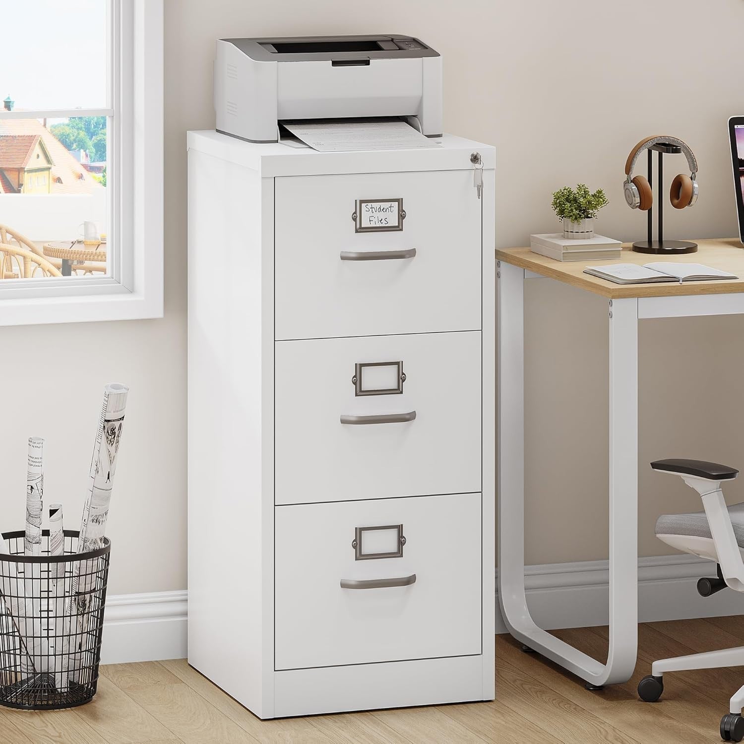 White 3 Drawer Lockable Filing Cabinet Anti-Tip Design – A4 Vertical Storage