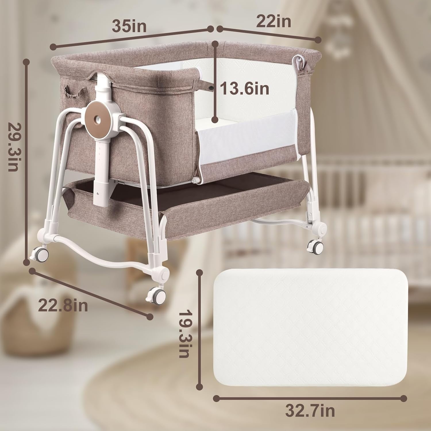 4 in 1 Baby Crib Bedside Cot with Wheels, Mosquito Net & Mattress