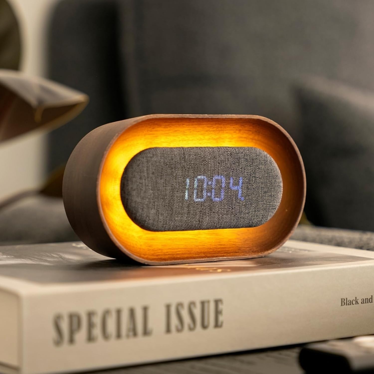 Wood LED Alarm Clock Ambient Light Touch Control Rechargeable Modern Bedside