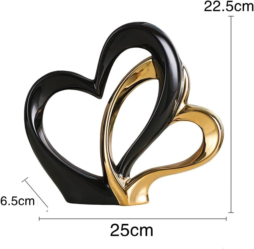 Modern Double Heart Ceramic Sculpture • Black & Gold Romantic Home Decor Gift
