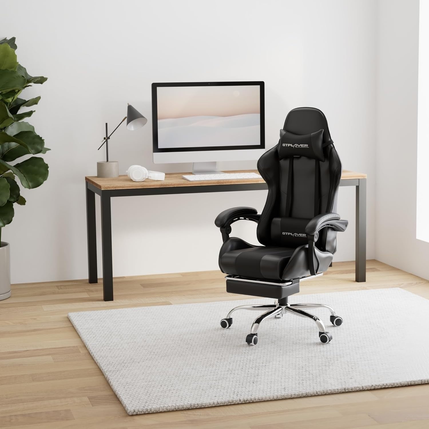 Gaming Chair PU Leather Desk Office Swivel Recliner Footrest Massager Lumbar Bla