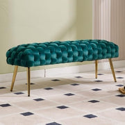Velvet Ottoman Bench with Gold Metal Legs, Green Upholstered Entryway Seat