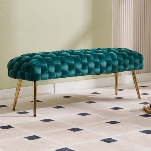Velvet Ottoman Bench with Gold Metal Legs, Green Upholstered Entryway Seat