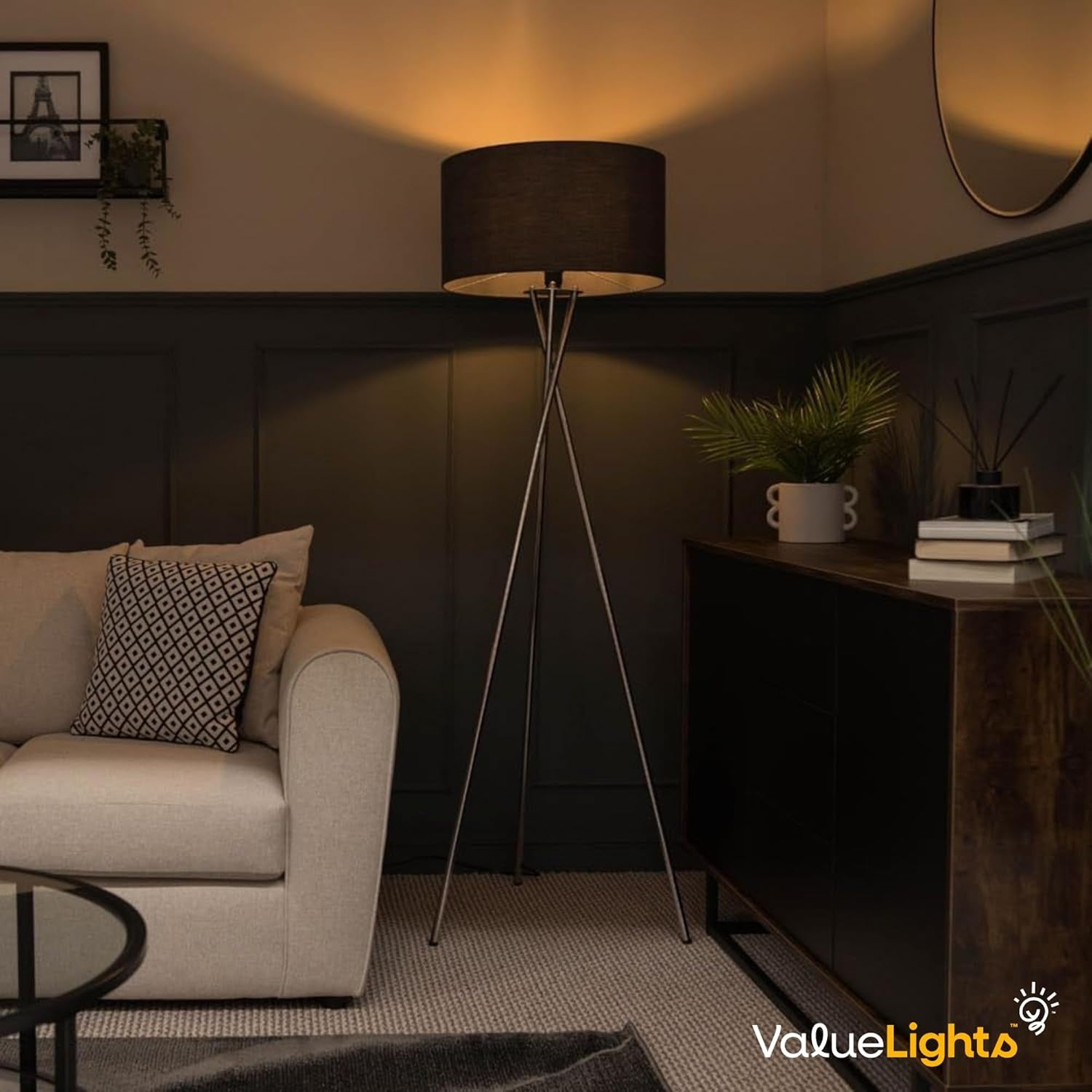 Modern Chrome Tripod Floor Lamp Dark Grey Shade Tall Living Room Light