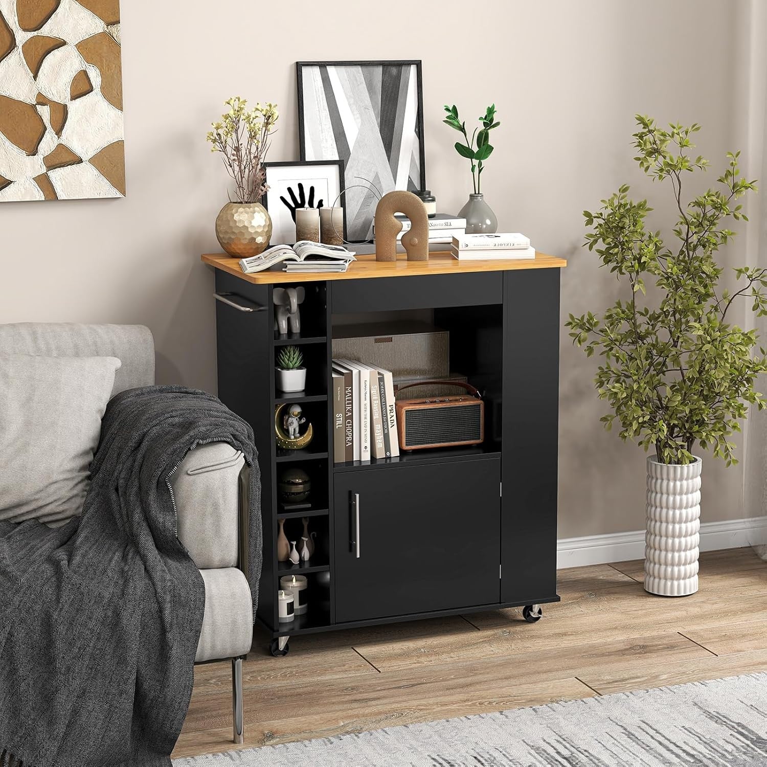 Kitchen Storage Trolley on Wheels Island Cart Bamboo Top Cabinet Wine Rack