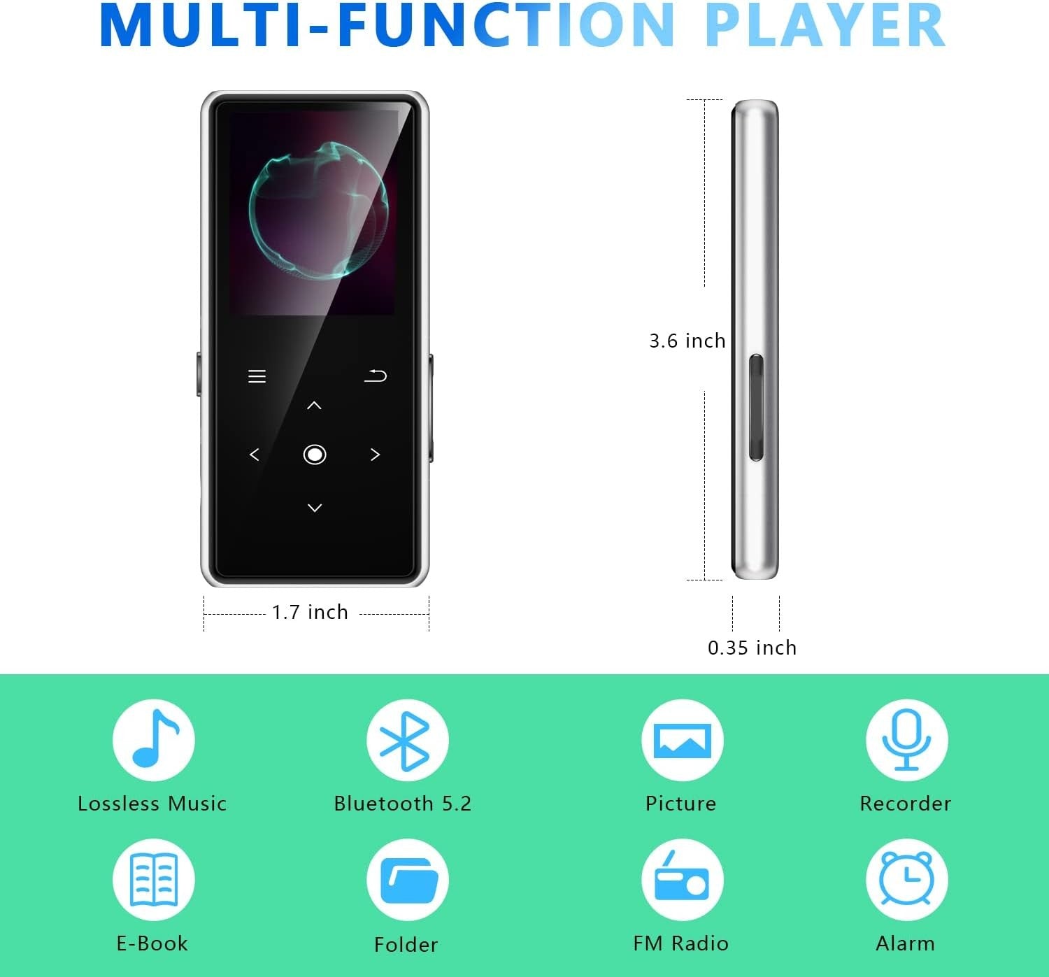 64GB MP3 Player Bluetooth 5.2 FM Radio Voice Recorder Speaker