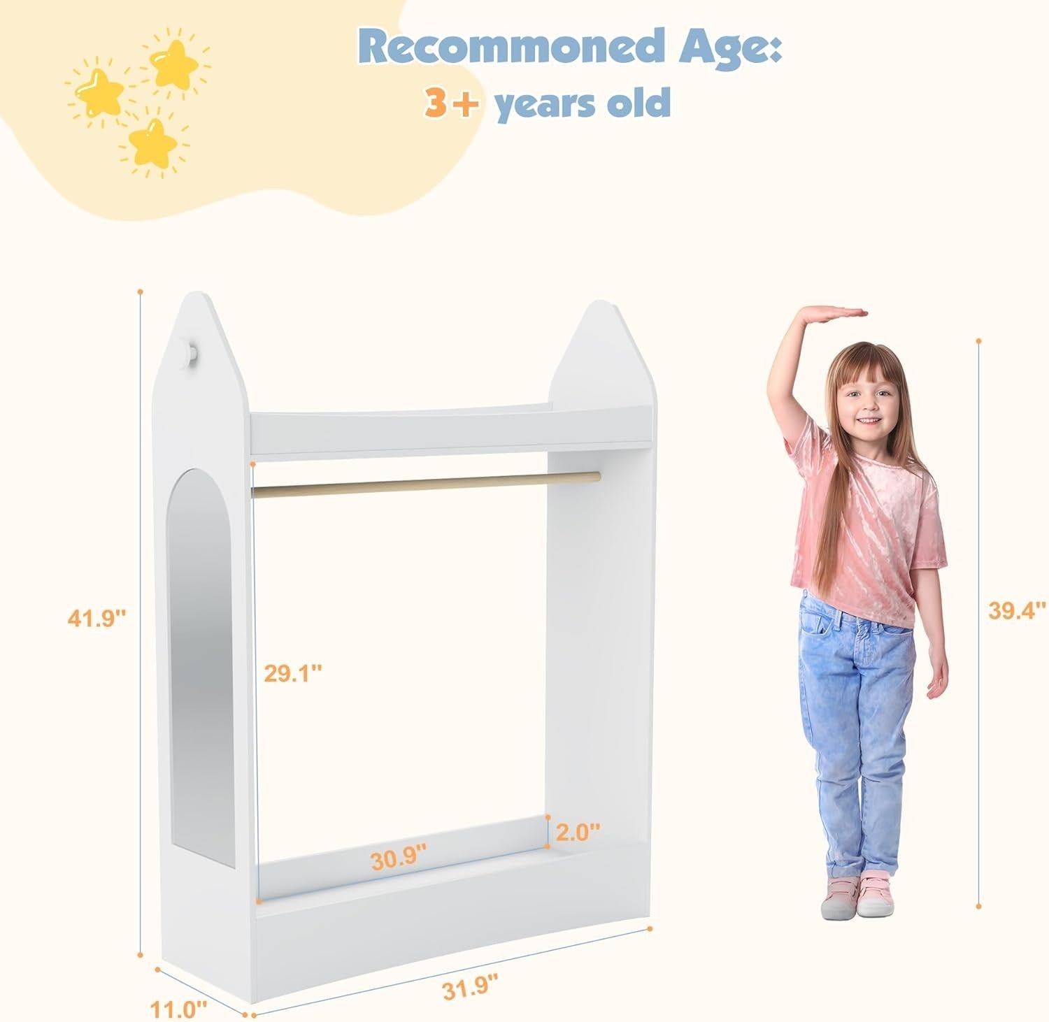 Kids Wardrobe with Mirror & Hanging Rail, No Drawer, White Rocket Design