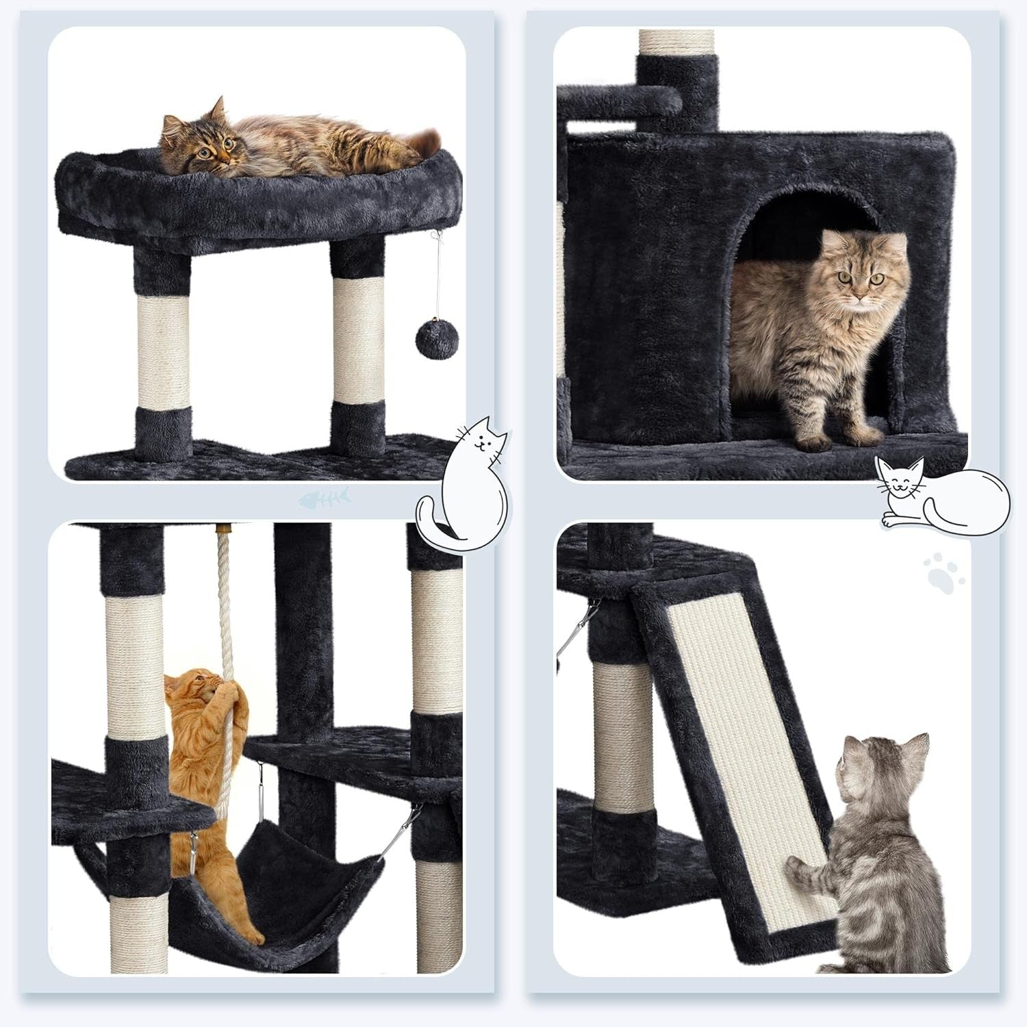 Large Cat Tree 159cm Multi Level Tower With Condo Hammock Scratching Posts