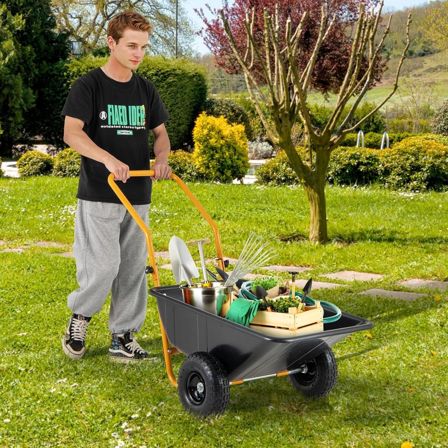 80L 2-Wheel Garden Wheelbarrow Black – Foldable Handle w/ Pneumatic Tyres 100kg