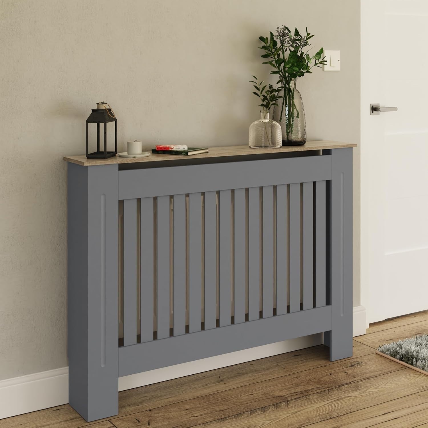 Modern Grey Radiator Cover Medium Slatted Wood Design