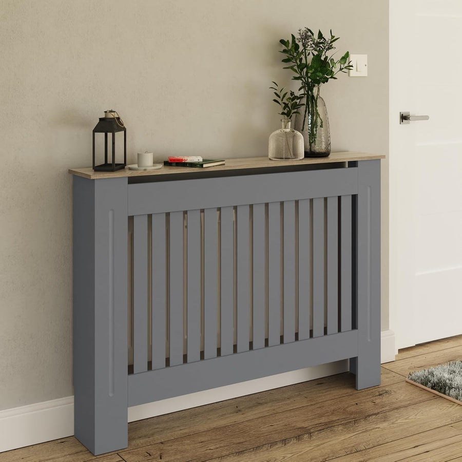 Modern Grey Radiator Cover Medium Slatted Wood Design